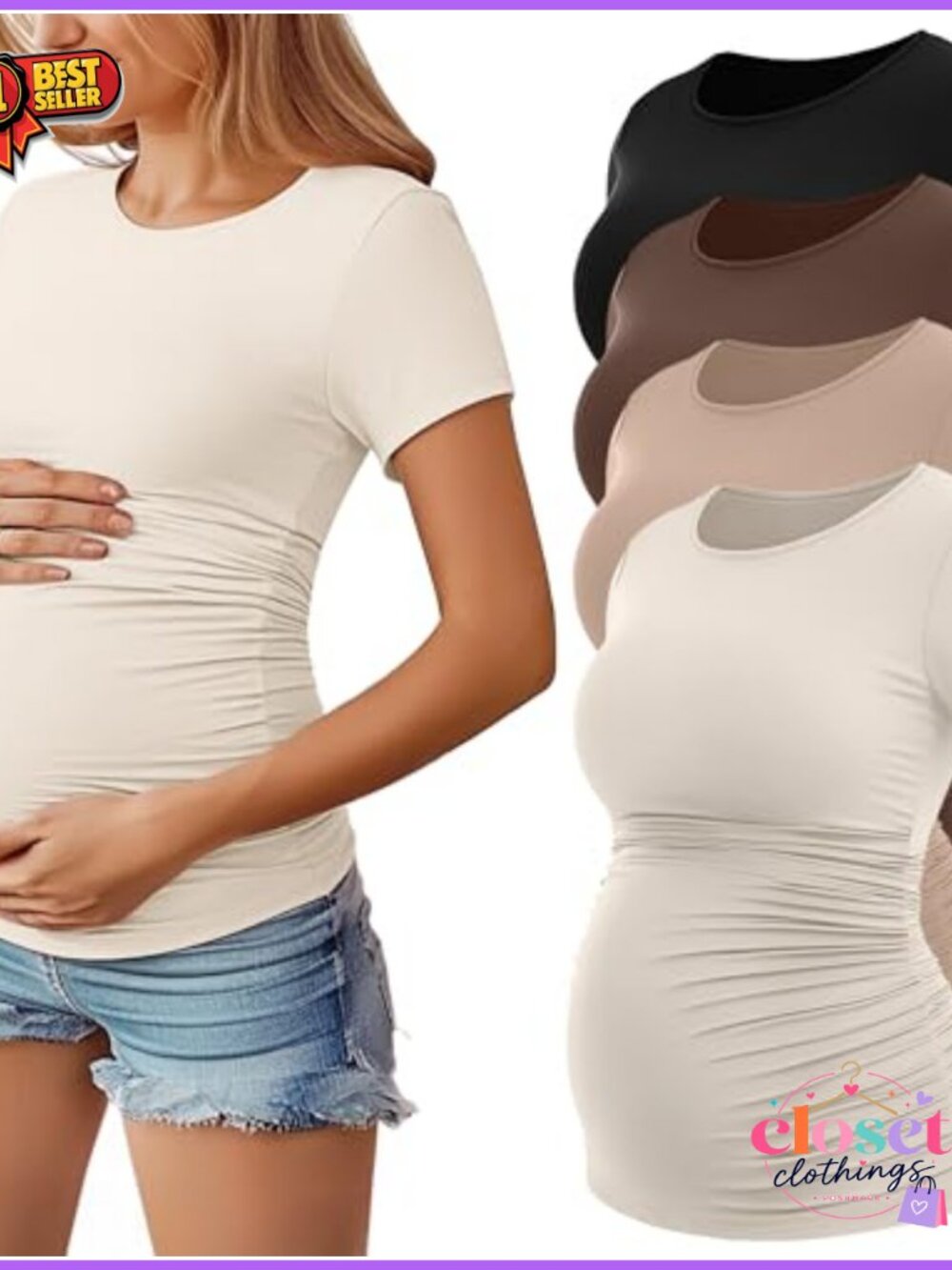 4 Pack Maternity T-Shirts Short Sleeve Cotton Blend